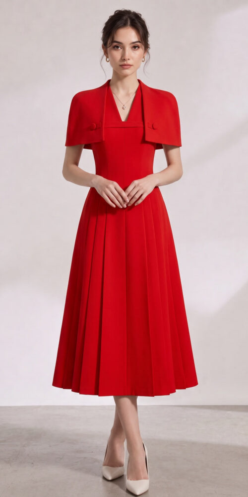 155779d3a26756ba RED CREPE FIT-AND-FLARE MIDI DRESS WITH CAPELET