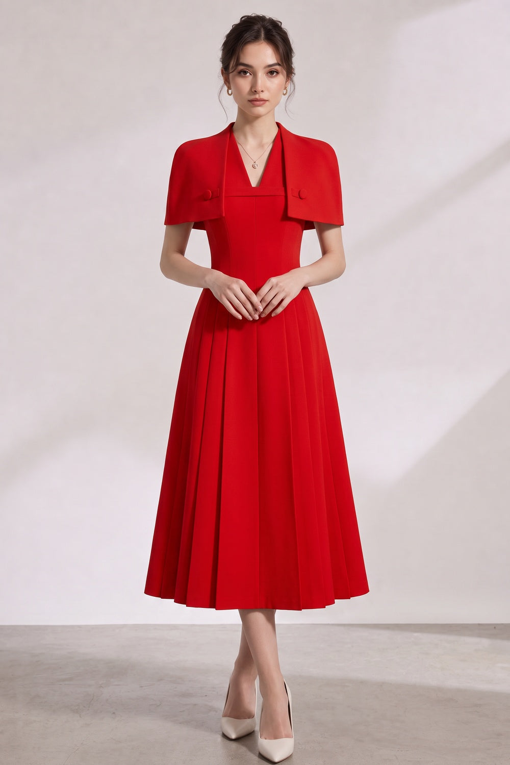 155779d3a26756ba RED CREPE FIT-AND-FLARE MIDI DRESS WITH CAPELET