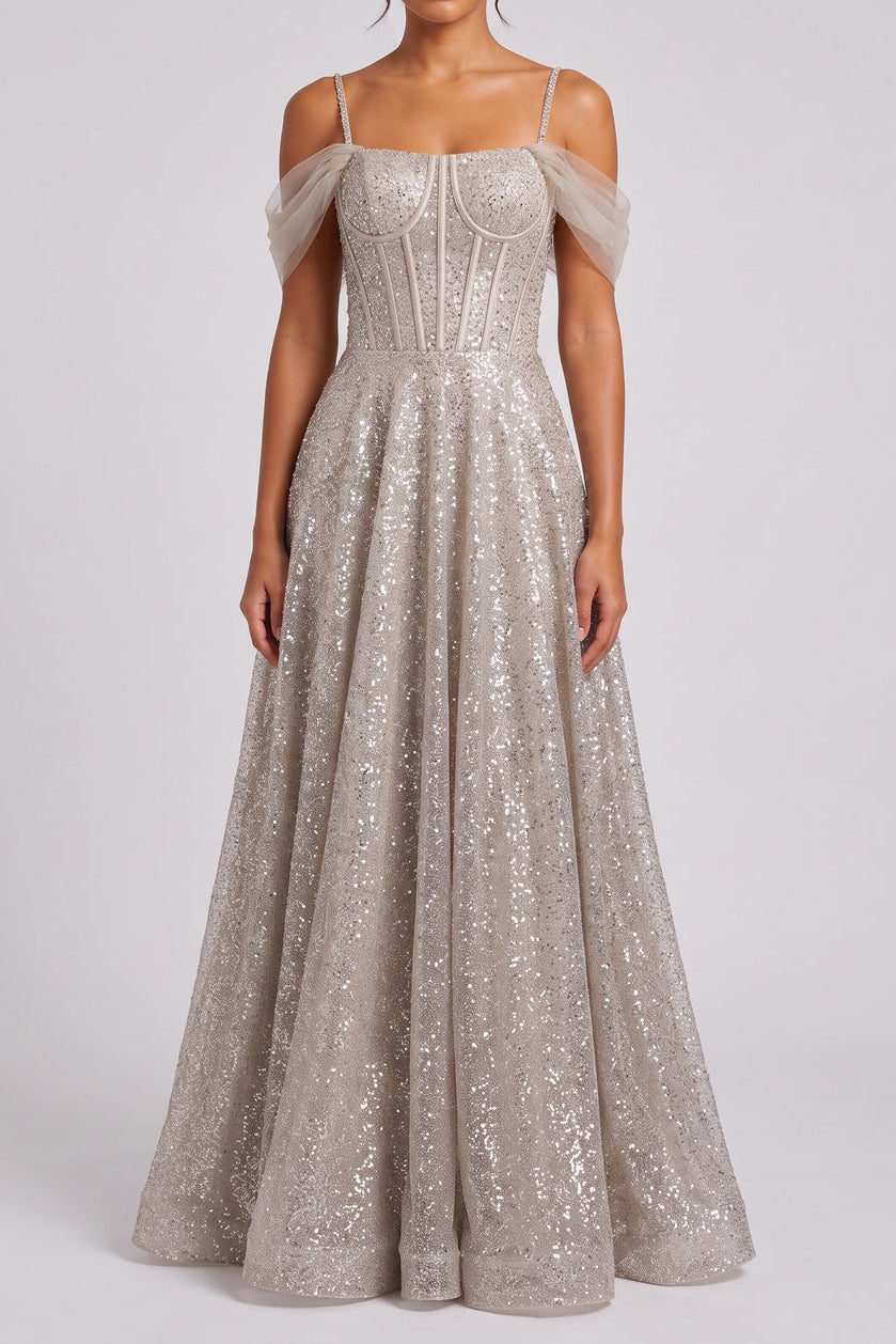 1594c05981f5b43e CHAMPAGNE SEQUIN TULLE A-LINE EVENING GOWN