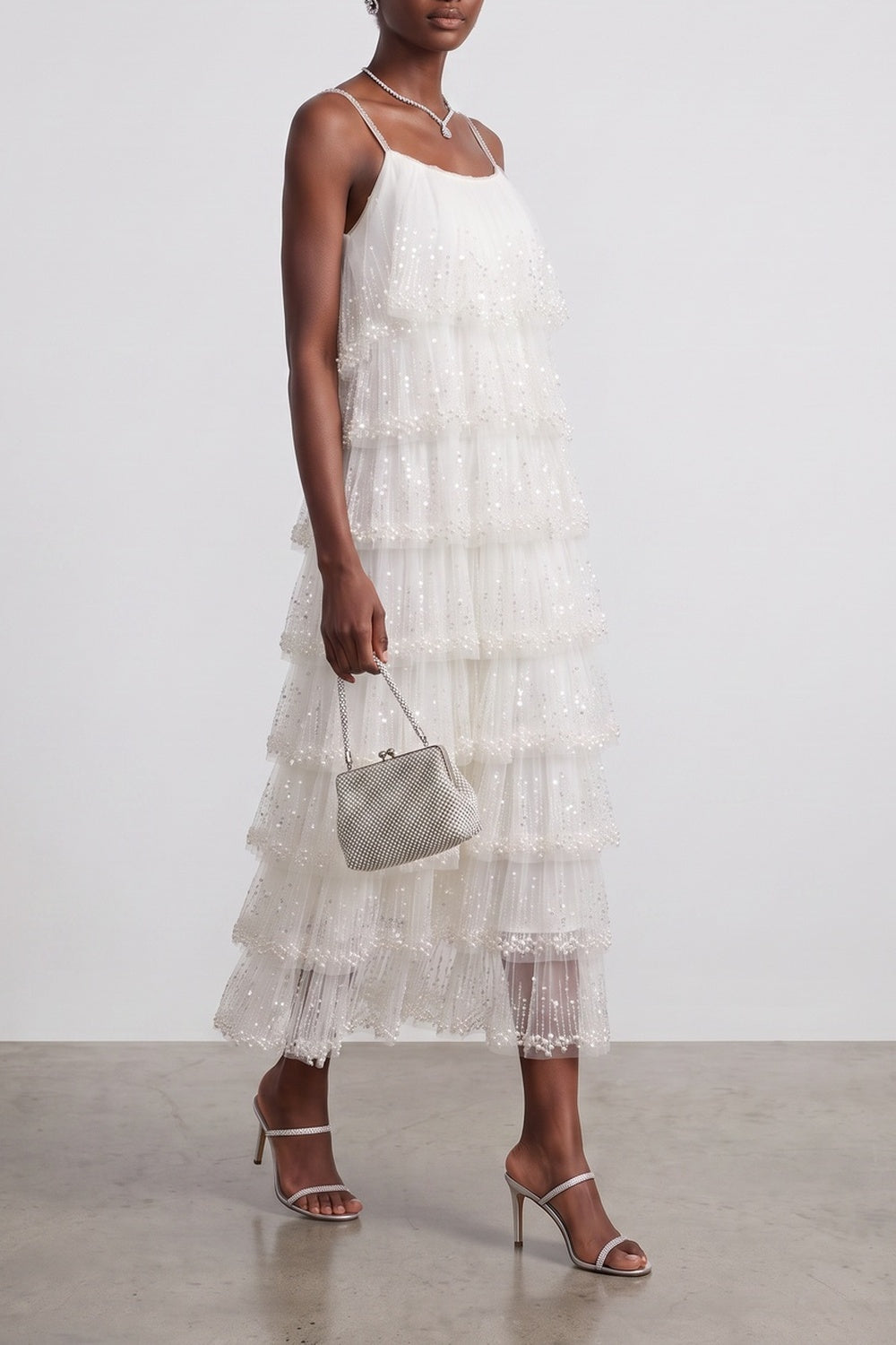 1596a1b5602f3538 SPARKLE TIERED TULLE MIDI DRESS, SPAGHETTI STRAP COCKTAIL