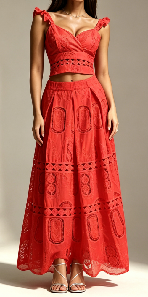 15_97ce6e0e-0ce3-4db0-9dd8-3cf0d122d5bc RED RUFFLE V-NECK CROP TOP & TIERED MAXI SKIRT SET