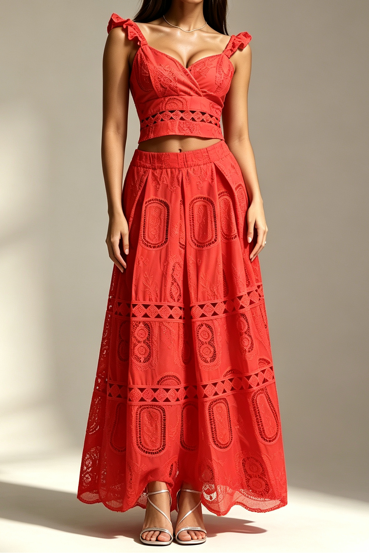15_97ce6e0e-0ce3-4db0-9dd8-3cf0d122d5bc RED RUFFLE V-NECK CROP TOP & TIERED MAXI SKIRT SET