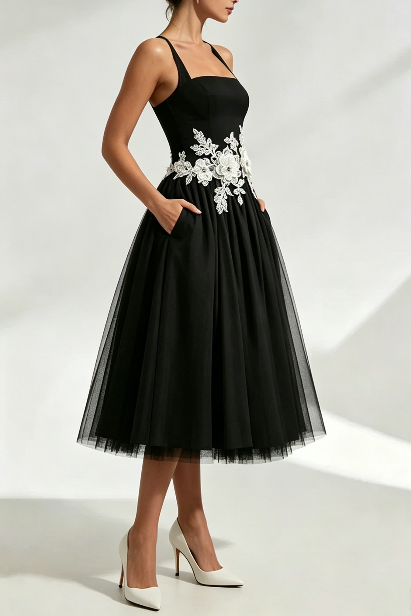 LACE EMBROIDERY CRESSIDA MIDI DRESS - BLACK