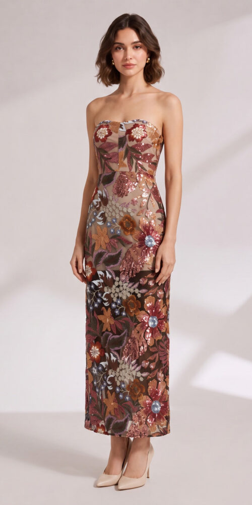 STRAPLESS EMBROIDERED FLORAL MAXI DRESS FOR WEDDING GUEST