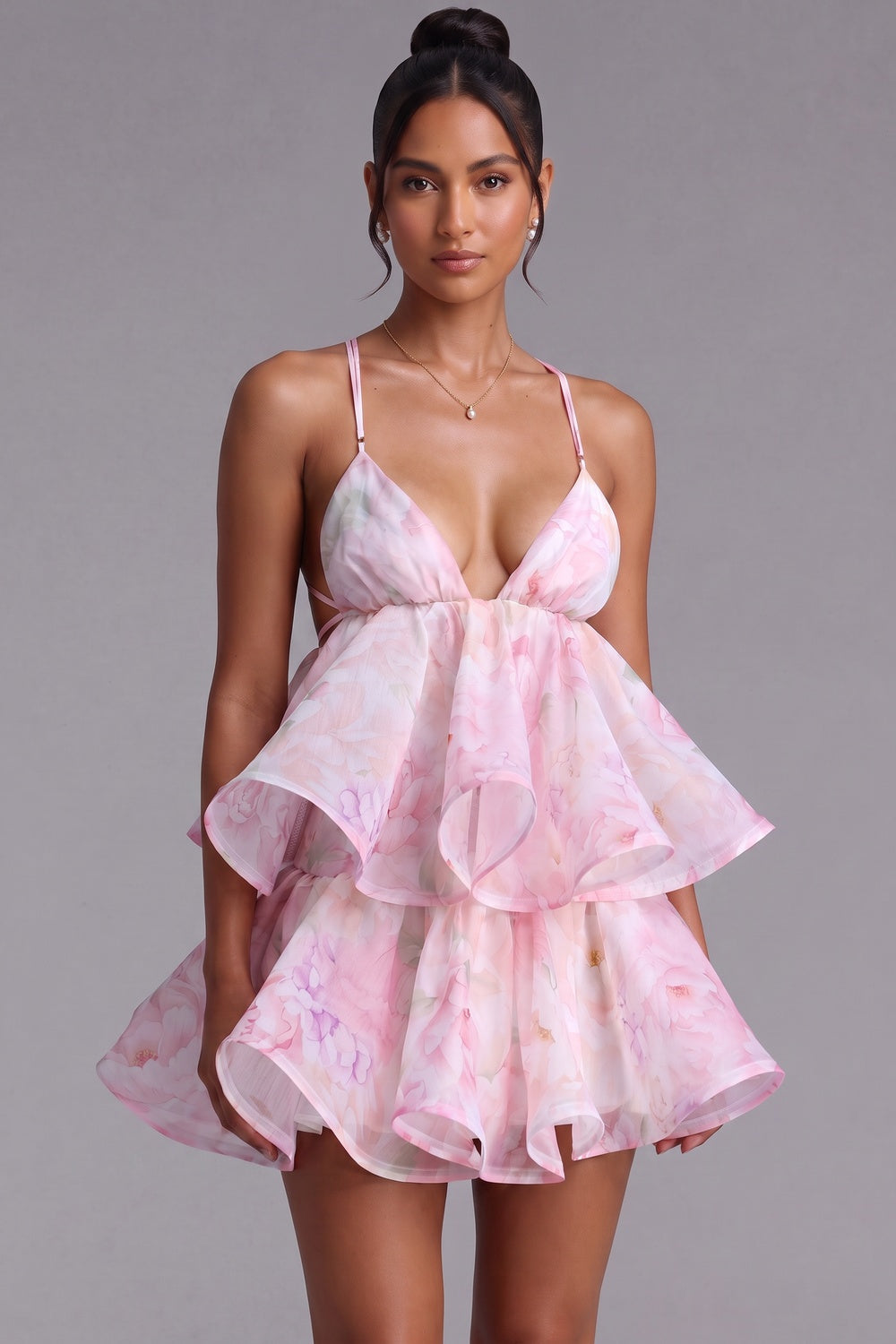 15bbf4717d5f0b06 LIGHT PINK ORGANZA FLORAL A-LINE BABYDOLL MINI DRESS
