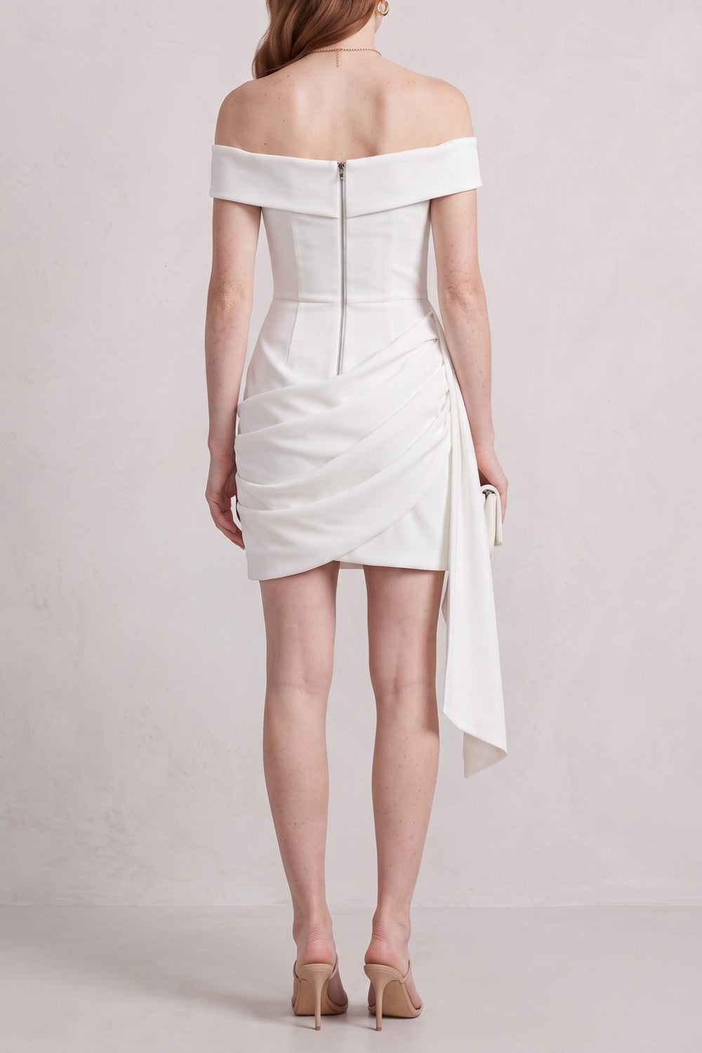 15bd600c39f314cc OFF-SHOULDER DRAPED WRAP MINI DRESS