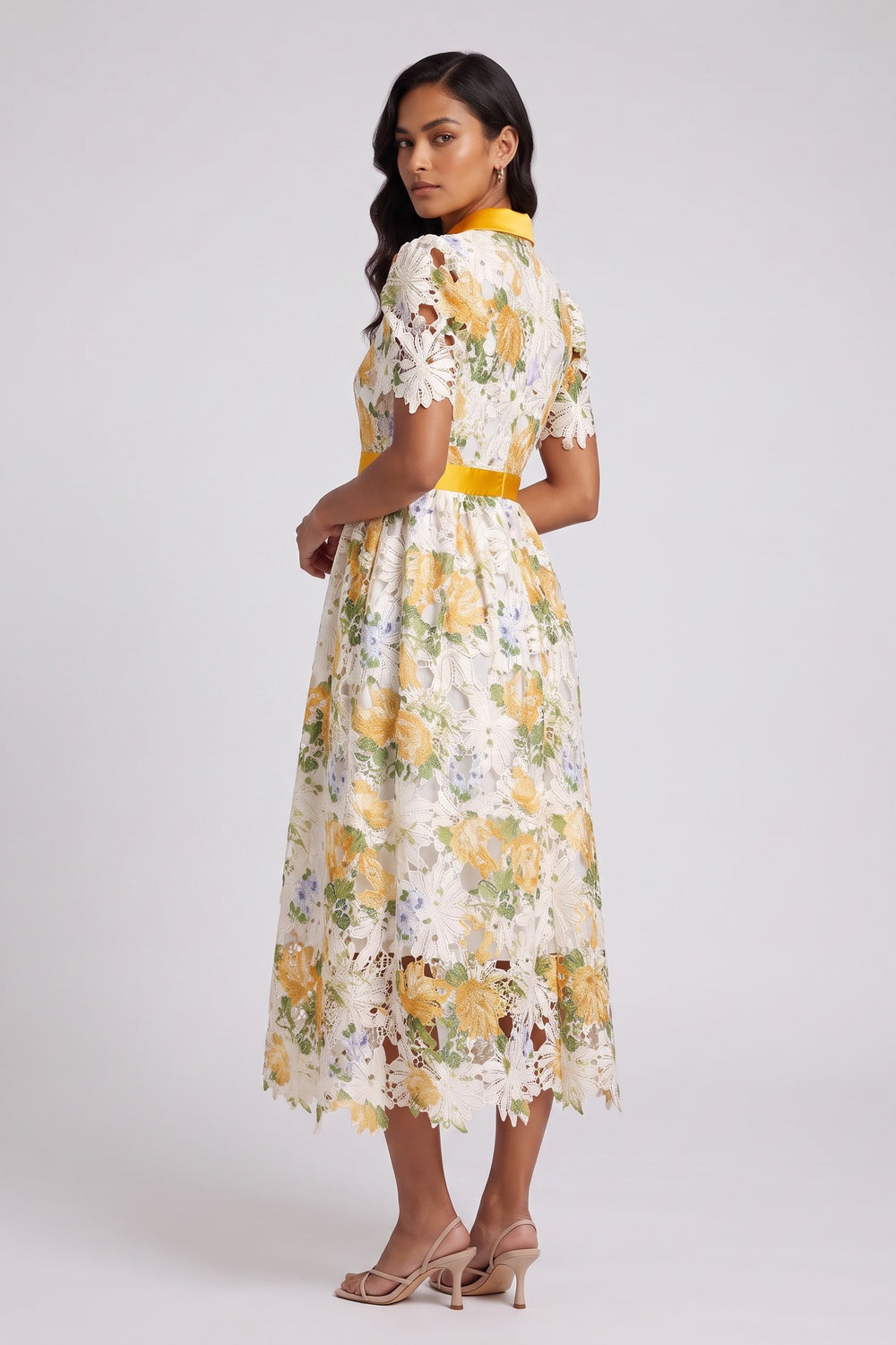 WHITE LACE A-LINE MIDI DRESS YELLOW SATIN ACCENTS WEDDING GUEST