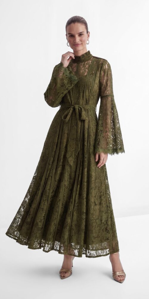 161-SG9eiT OLIVE FLORAL LACE HIGH NECK BELL SLEEVE MAXI DRESS
