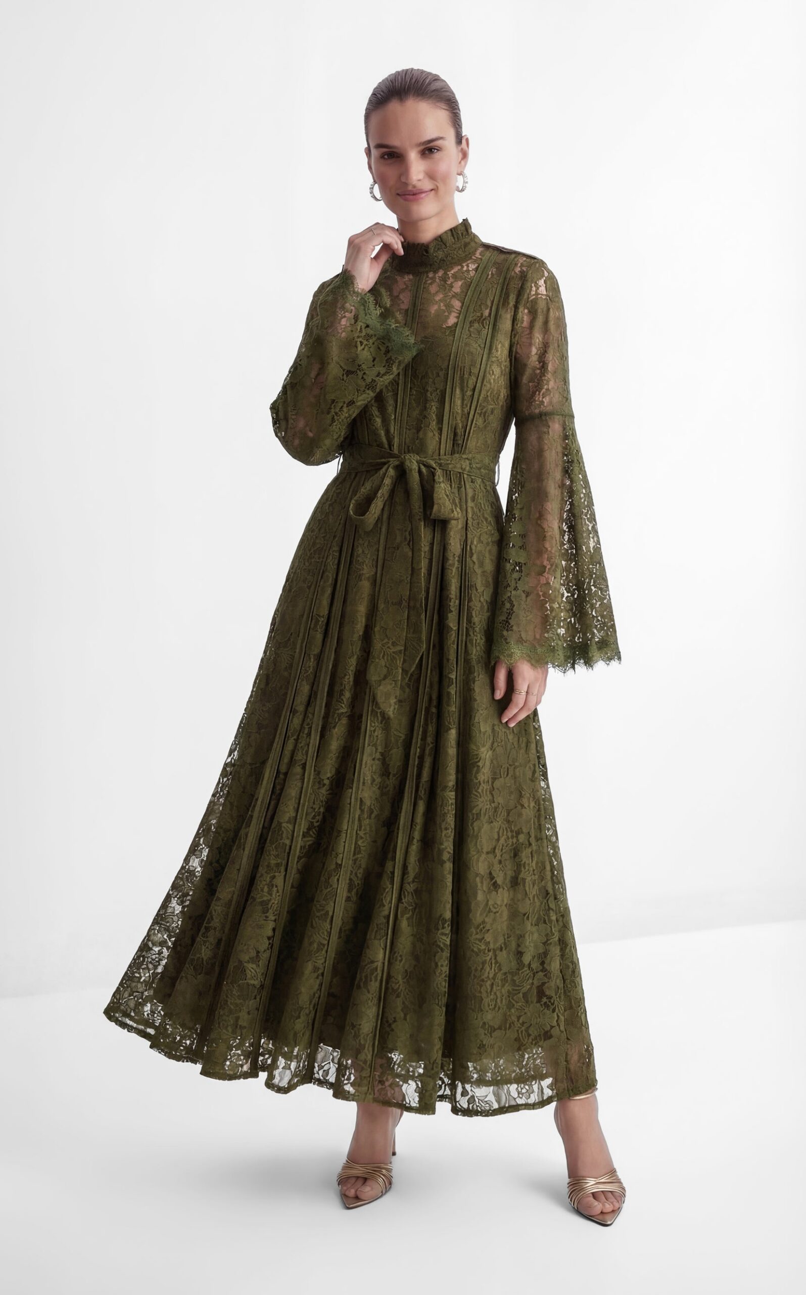 161-SG9eiT OLIVE FLORAL LACE HIGH NECK BELL SLEEVE MAXI DRESS