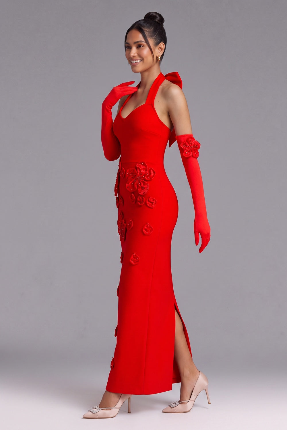 16202110e1b9c41f RED HALTER 3D FLORAL FLOOR-LENGTH GOWN