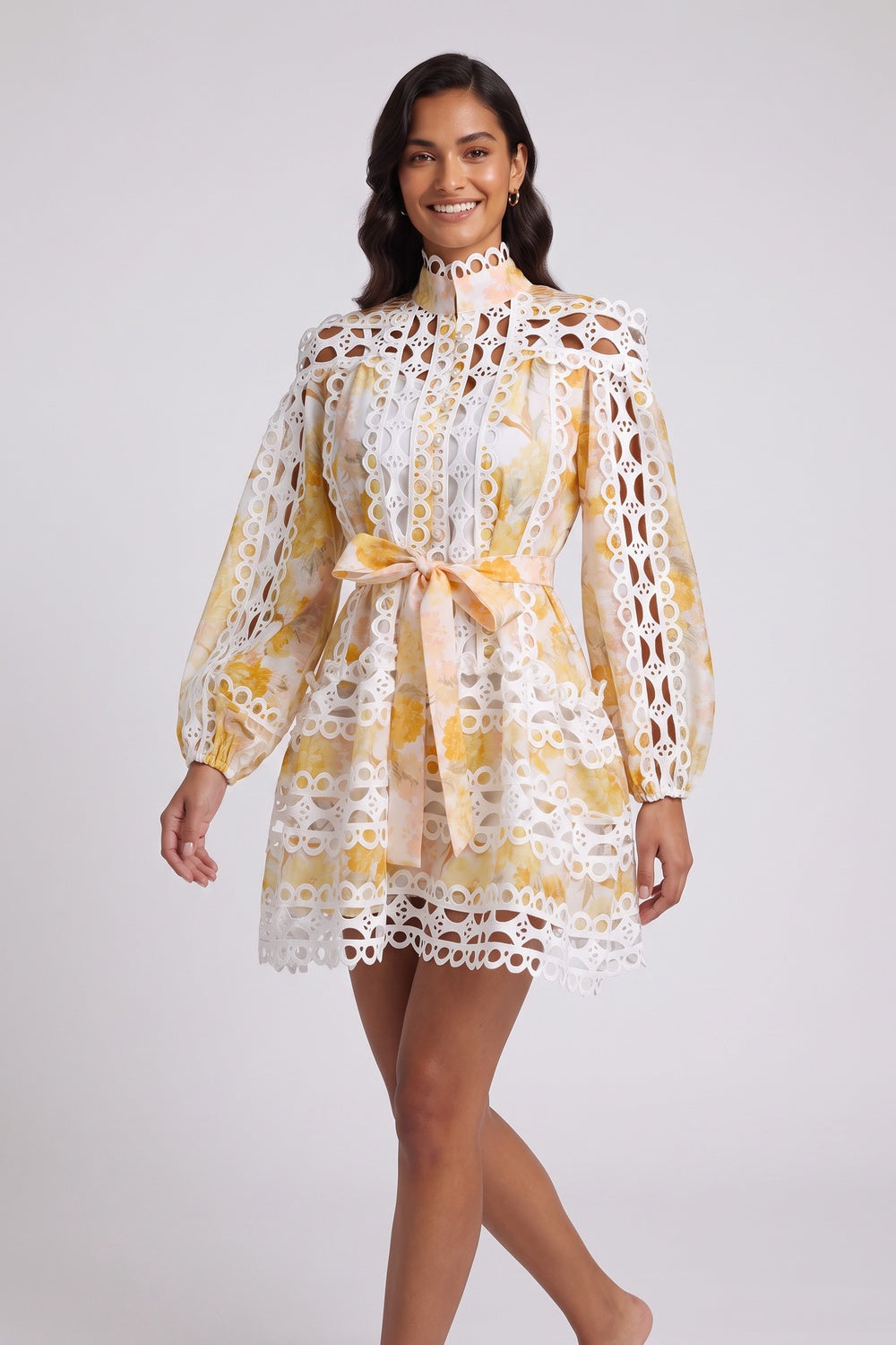 163d18d2d38aec5a WHITE YELLOW FLORAL LACE A-LINE MINI DRESS