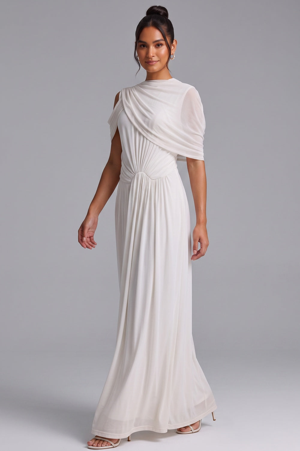 16883750973a5425 WHITE COLD SHOULDER DRAPED MAXI DRESS FOR WOMEN