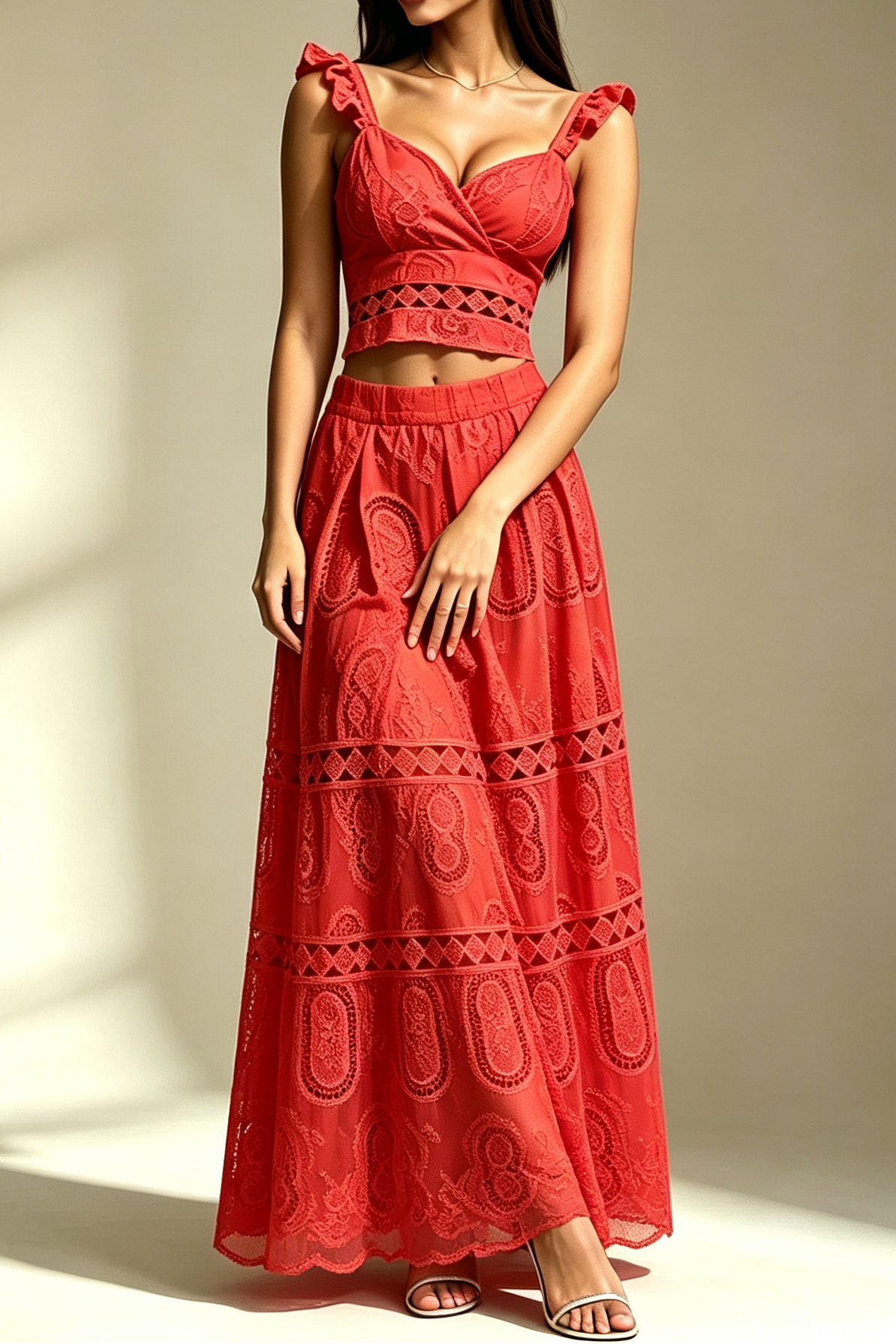 16_2cd2753d-ba96-4d15-b8d6-53e911a9a523 RED RUFFLE V-NECK CROP TOP & TIERED MAXI SKIRT SET