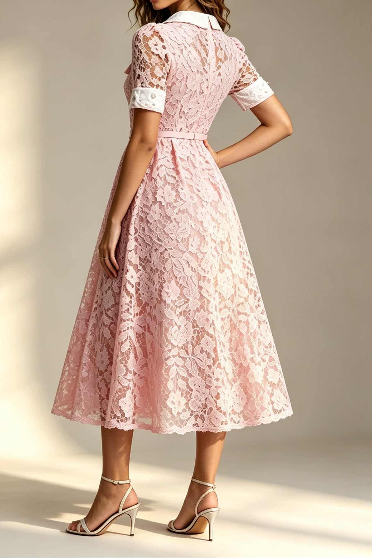 PINK PETER PAN COLLAR LACE BELTED MIDI SHIRT DRESS