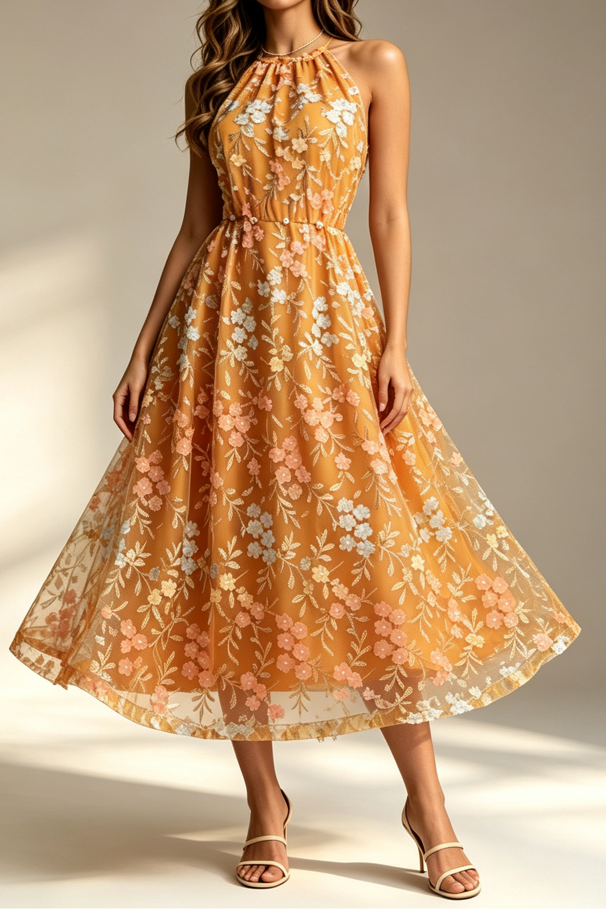 16_f3f9874a-9cc2-4db3-ab7d-5b3916113a72 MUSTARD HALTER FLORAL EMBROIDERY SHEER TULLE MIDI DRESS