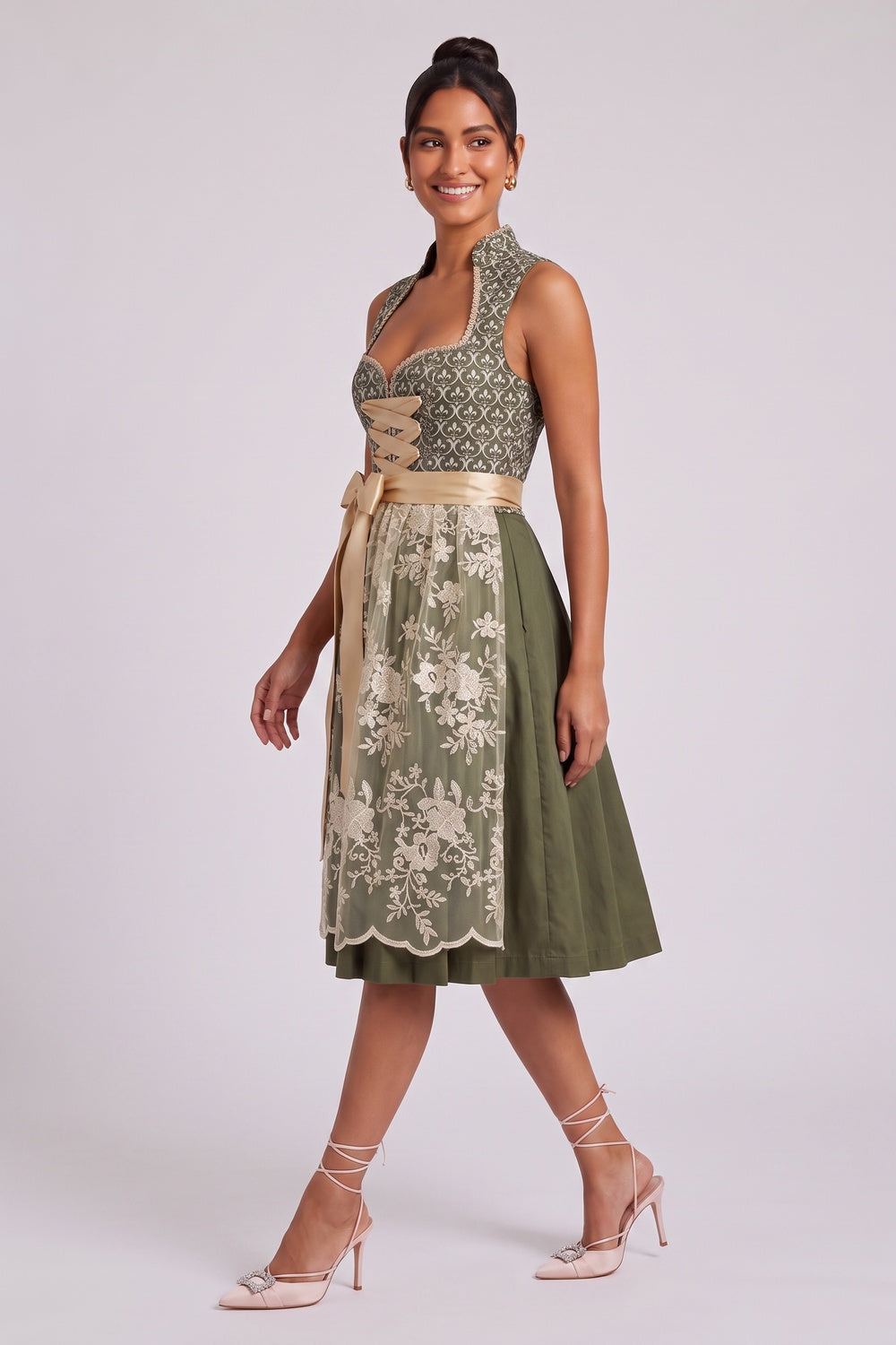 OLIVE GREEN JACQUARD BODICE FIT-FLARE DIRNDL