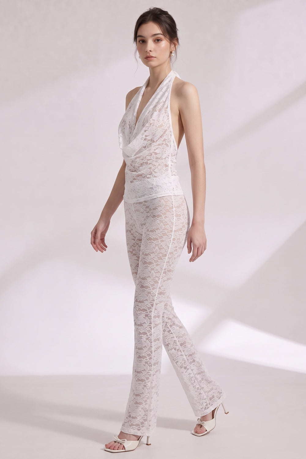 16cf3514ae59283b WHITE SHEER LACE HALTER TWO-PIECE SET - FLARED PANTS