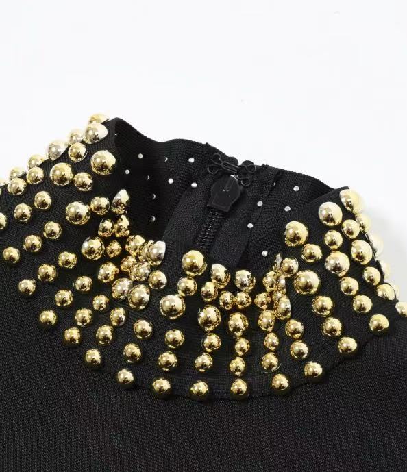 171b08f2c386482b1ef1cf3ce57e3dea BLACK FRINGE HEM BANDAGE KNIT MAXI DRESS GOLD PARTY