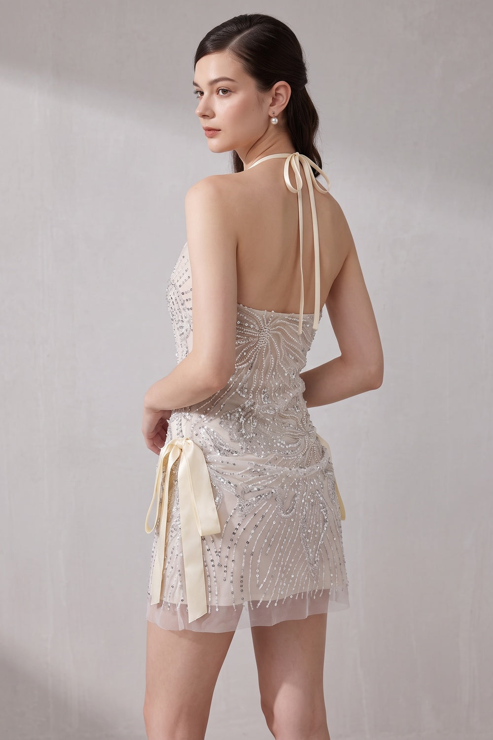 1720481486f8f05a IVORY BEADED SHEER A-LINE COCKTAIL MINI DRESS