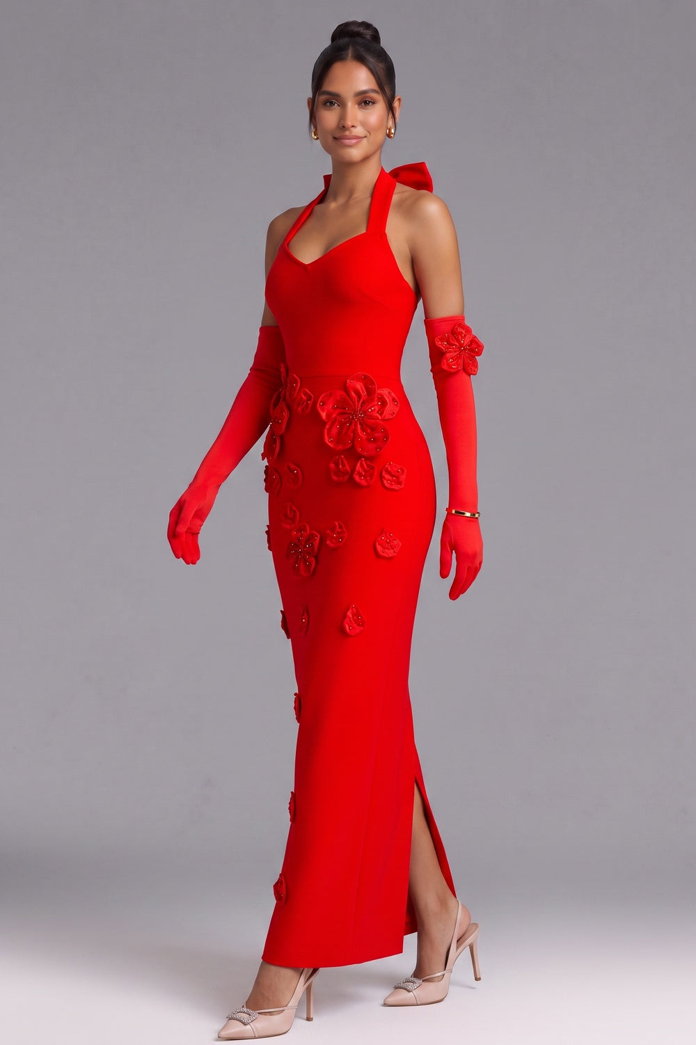 176a82104cb18563 RED HALTER 3D FLORAL FLOOR-LENGTH GOWN