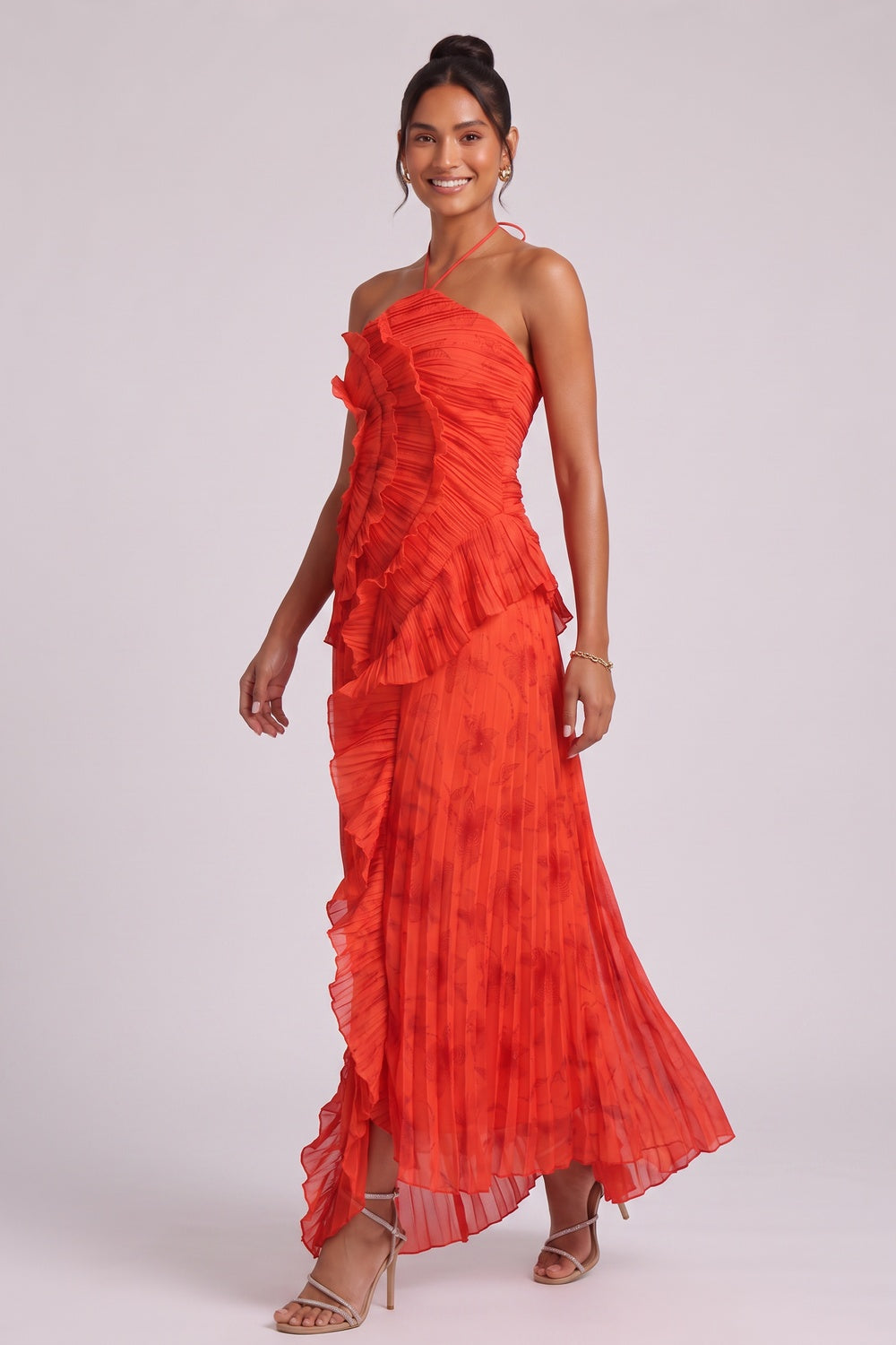 178c41fdd8e6a091 RED CHIFFON A-LINE MAXI DRESS CASCADING RUFFLES