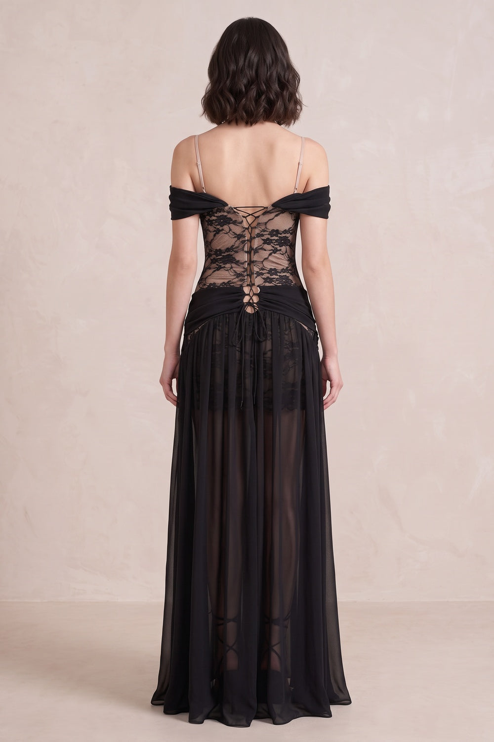 BLACK CHIFFON A-LINE GOWN HIGH SLIT FITTED BODICE