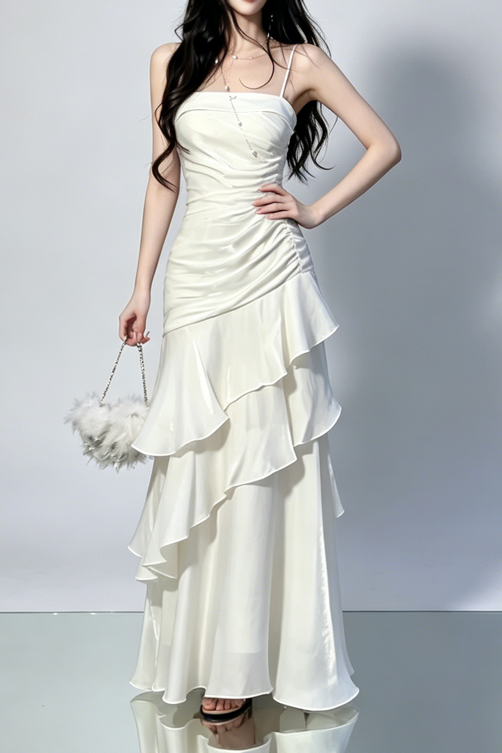 17_5c99545f-b4bf-461b-98c9-32810bfb07eb SIDE RUCHED TIERED RUFFLE SATIN MAXI DRESS