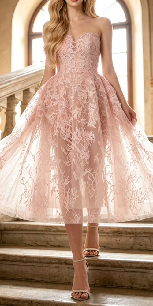 PINK BEADED LACE MIDI DRESS FOR WEDDING GUEST