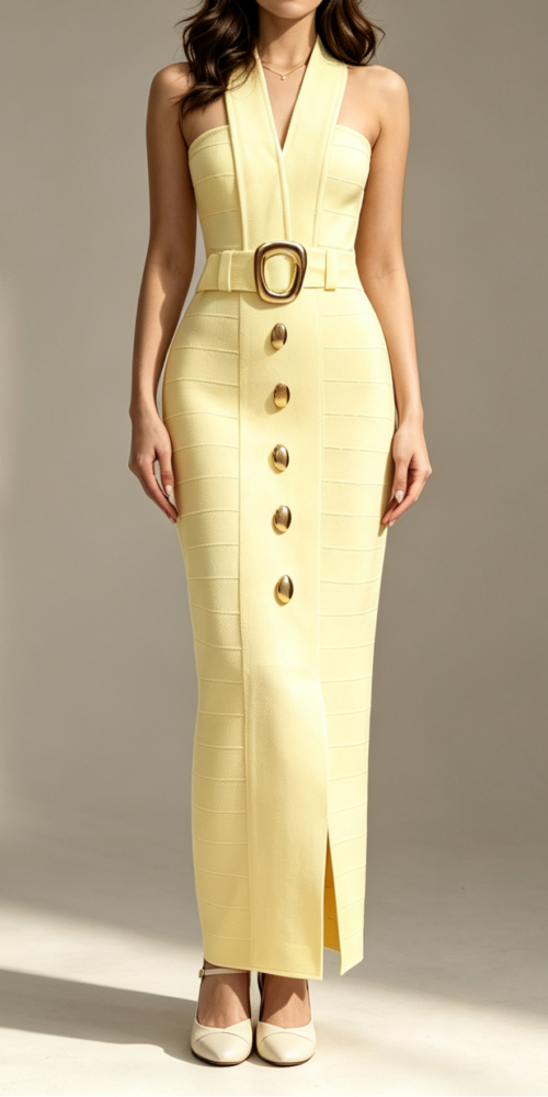 17_94326b74-eee7-4669-851a-844a7579eead PALE YELLOW HALTER BANDAGE MIDI DRESS, DEEP V, SIDE SLIT