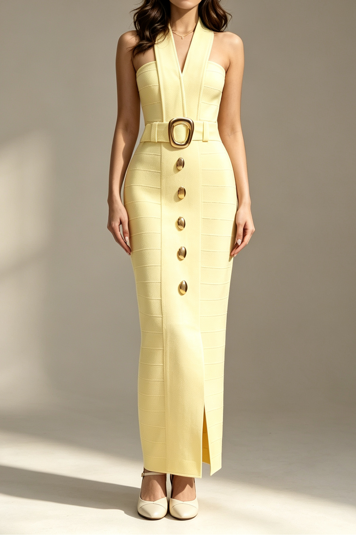 PALE YELLOW HALTER BANDAGE MIDI DRESS, DEEP V, SIDE SLIT