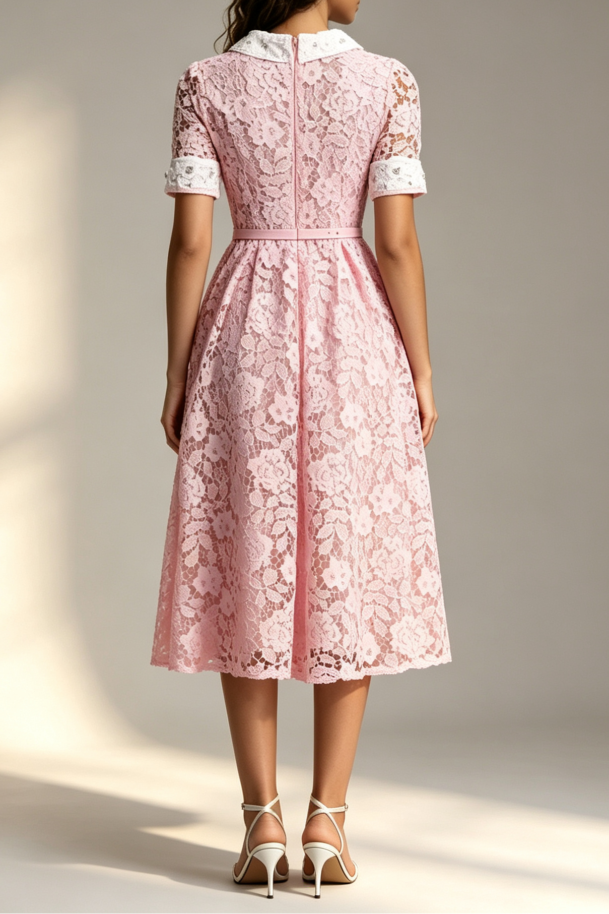 PINK PETER PAN COLLAR LACE BELTED MIDI SHIRT DRESS