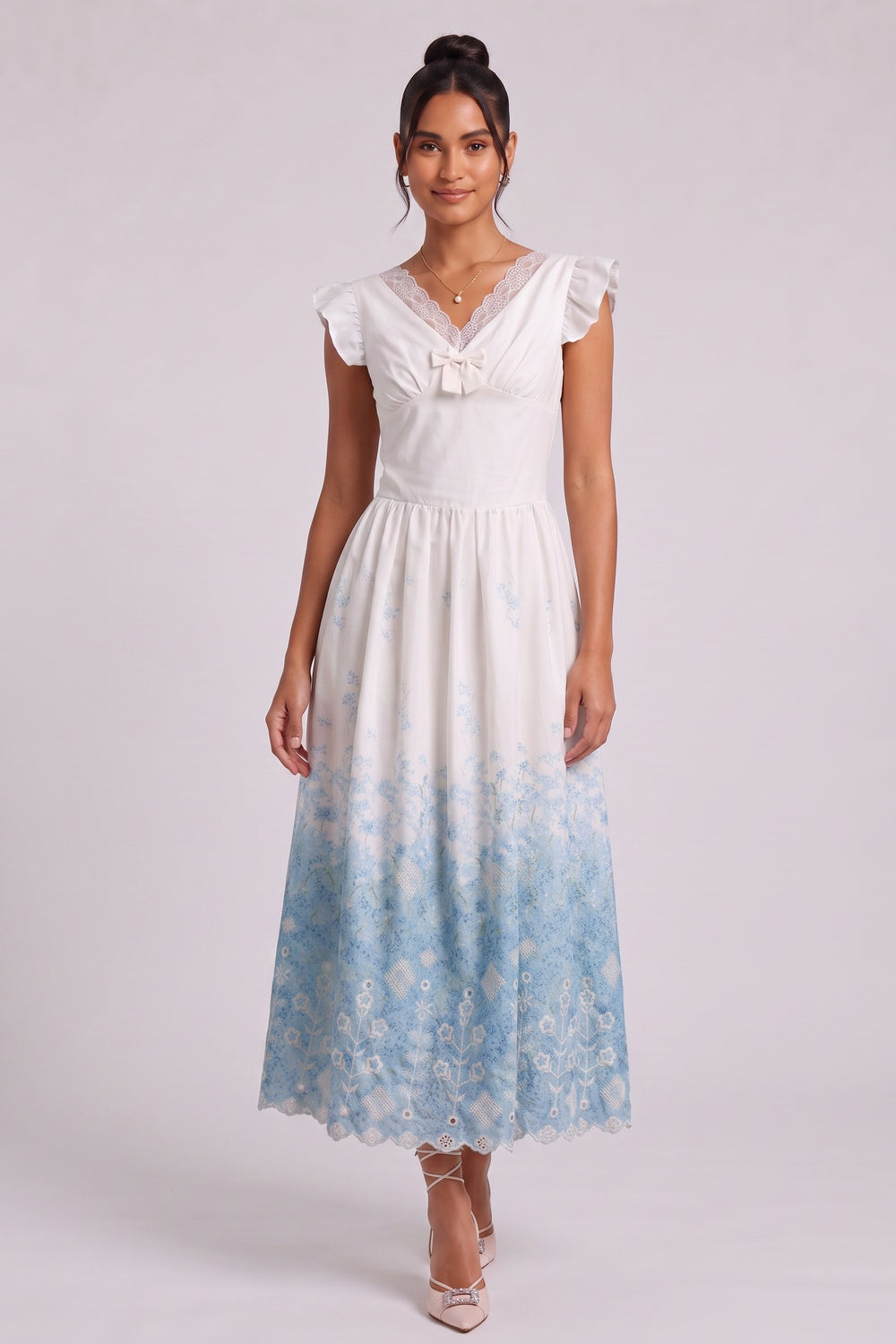 17c44c24ba443719 WHITE FIT-AND-FLARE MIDI DRESS WITH FLORAL EYELET
