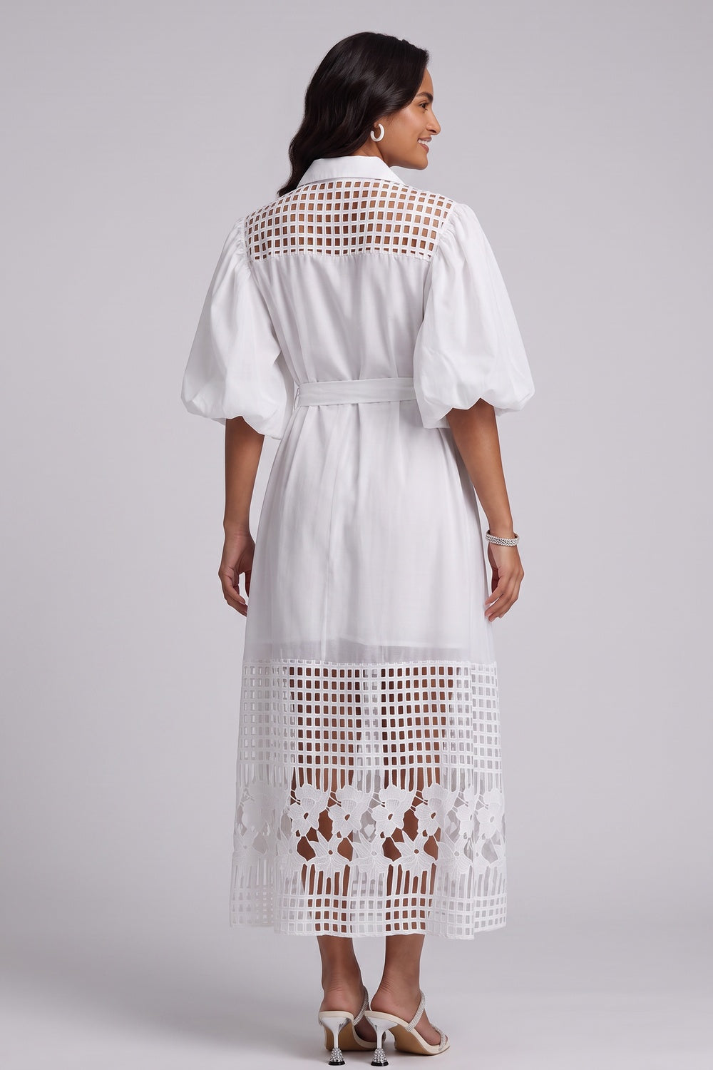 17c71336ccb2d73a WHITE LACE PUFF SLEEVE A-LINE SHIRT DRESS