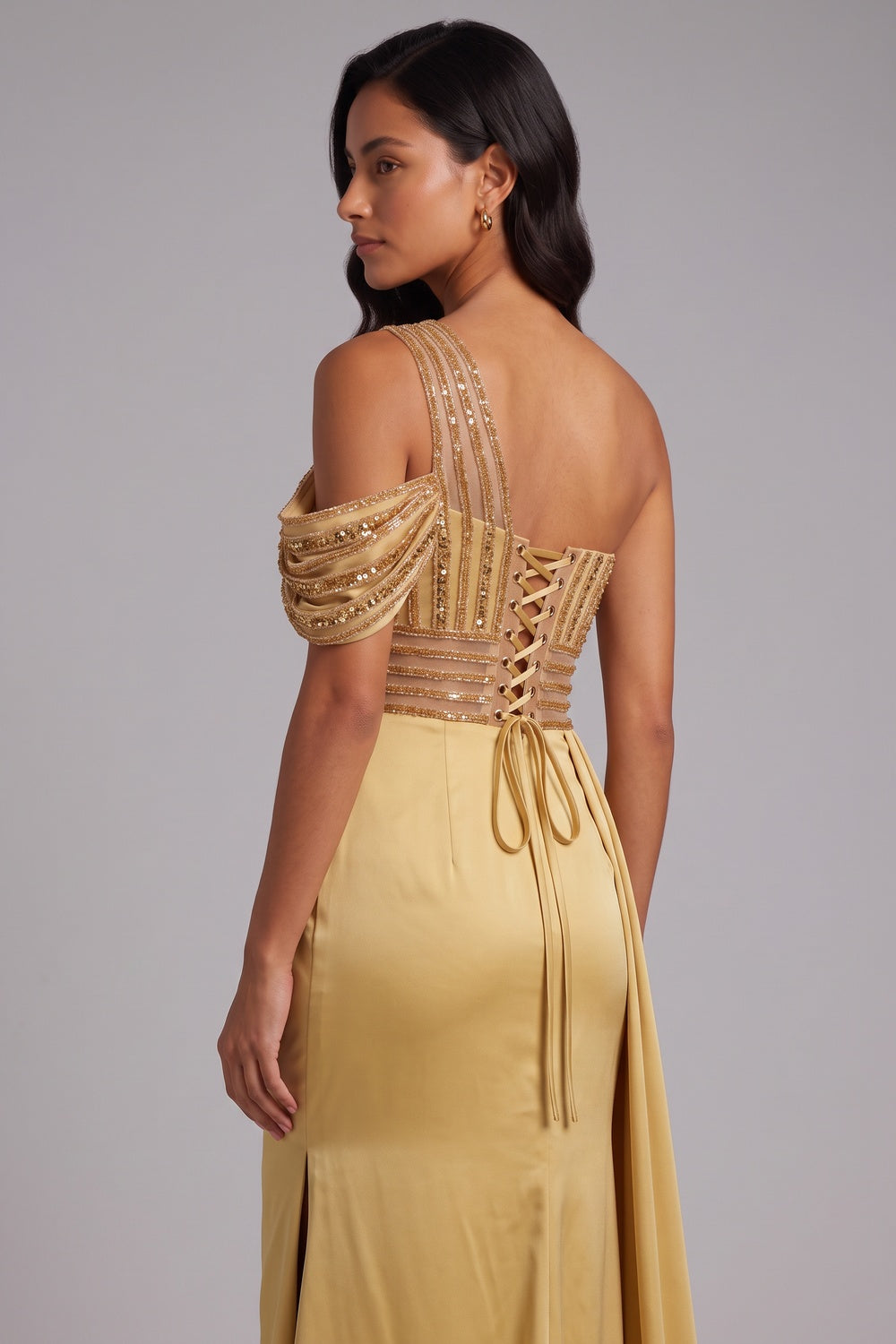 17e666b81a6efced ONE SHOULDER BEADED MERMAID SATIN EVENING GOWN