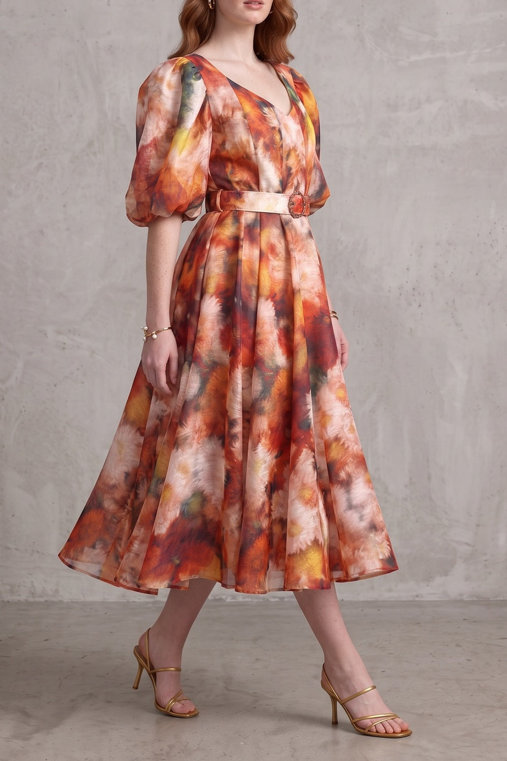 17fdaf51f760ff68 V-NECK PUFF SLEEVE FLORAL BELTED MIDI DRESS