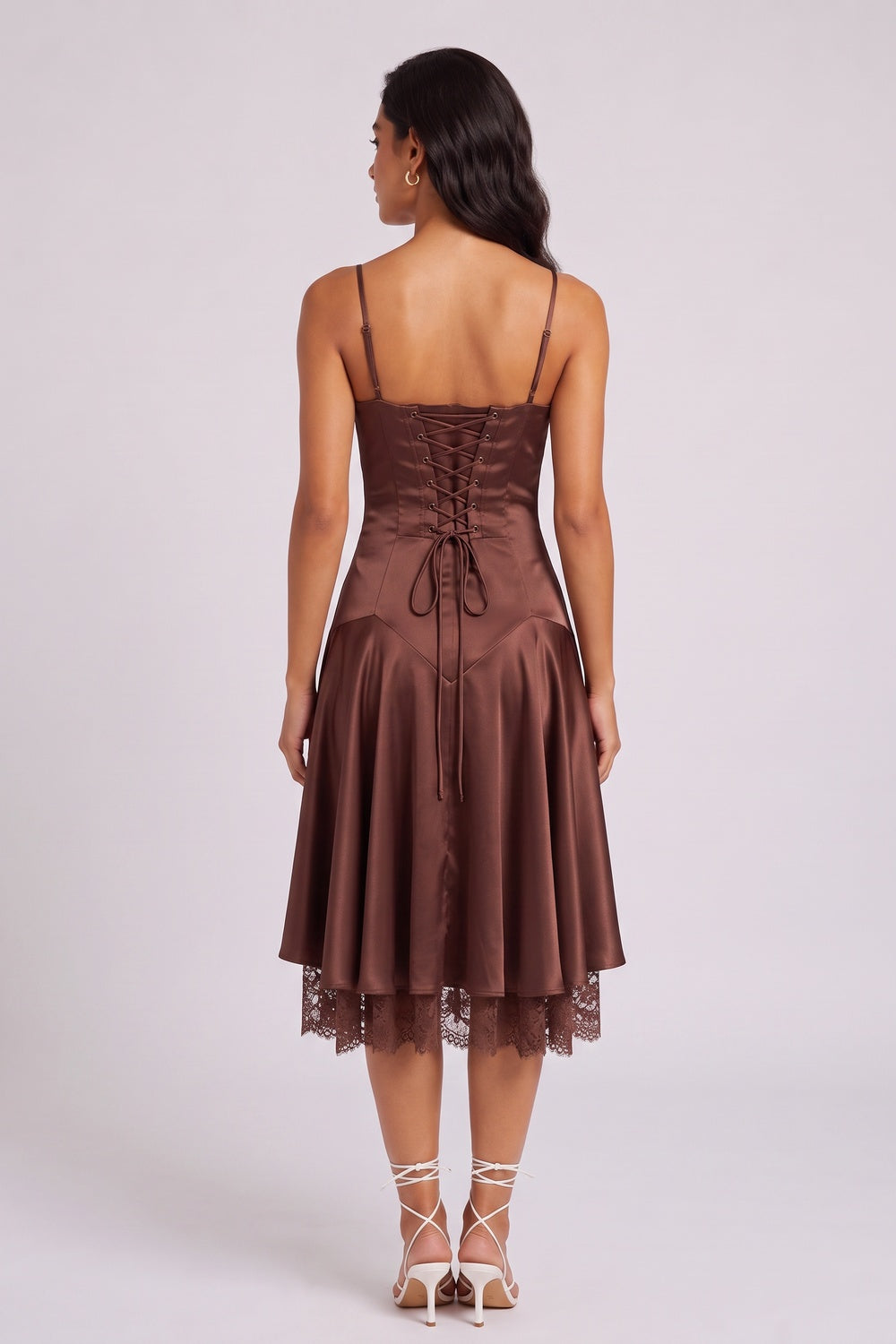 180d332a34242c94 CHOCOLATE SATIN LACE HEM MIDI DRESS, SPAGHETTI STRAP