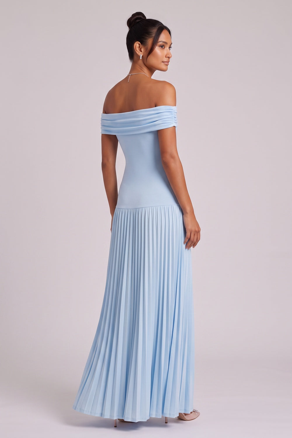 186cfb590caa646a LIGHT BLUE OFF-SHOULDER PLEATED MAXI DRESS