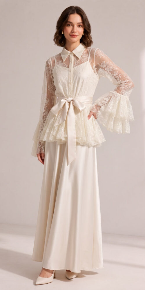 187a24b07b60d571 CREAM LACE FLARE SLEEVE SATIN CAMI BELT WIDE LEG MAXI SET
