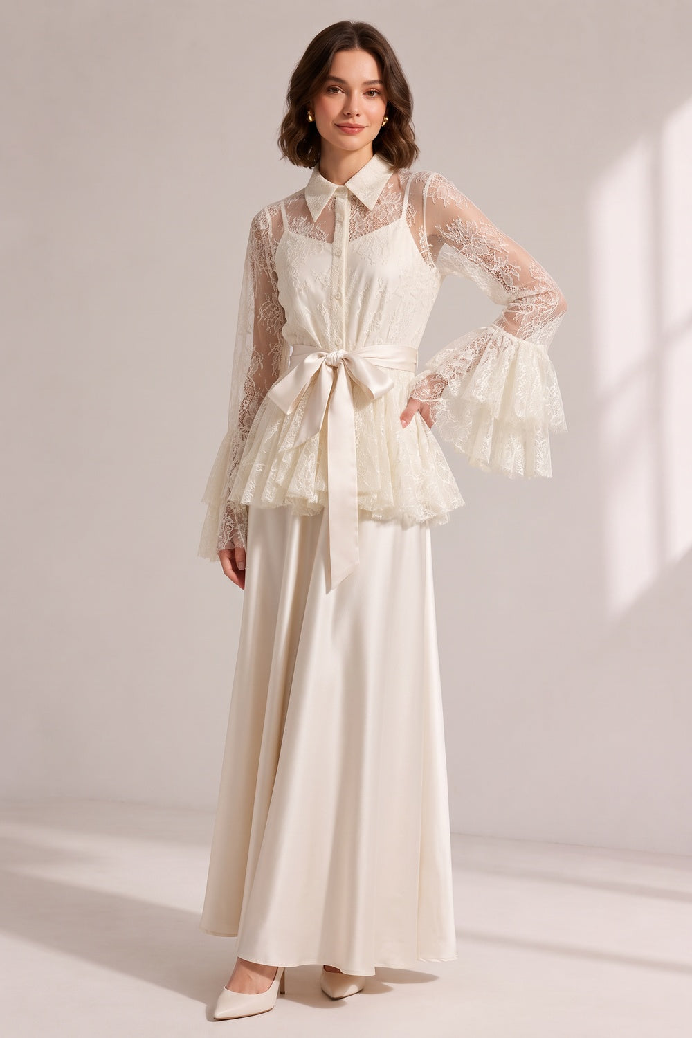 187a24b07b60d571 CREAM LACE FLARE SLEEVE SATIN CAMI BELT WIDE LEG MAXI SET