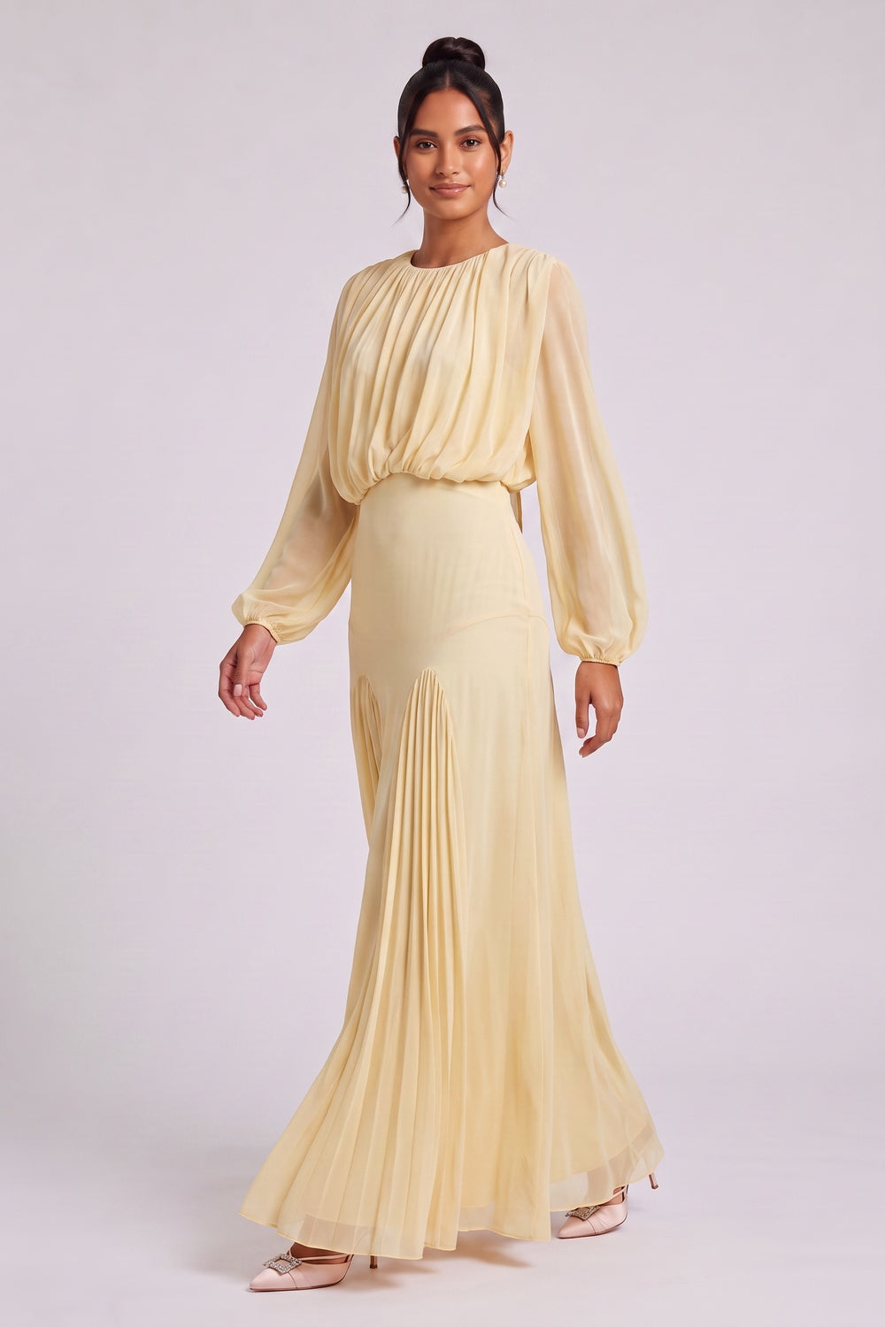 1895d56353eacc13 PALE YELLOW CHIFFON BLOUSON MAXI DRESS FOR WEDDING GUEST