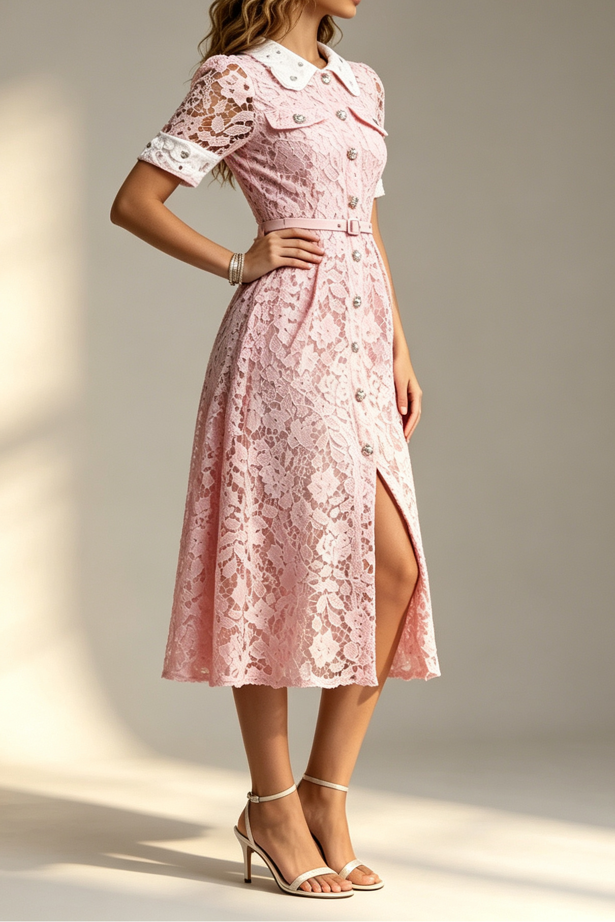 PINK PETER PAN COLLAR LACE BELTED MIDI SHIRT DRESS