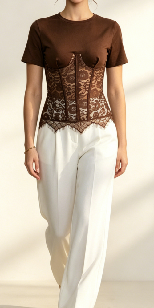 BROWN SPLICED LACE CORSET TOP FOR DATE NIGHT