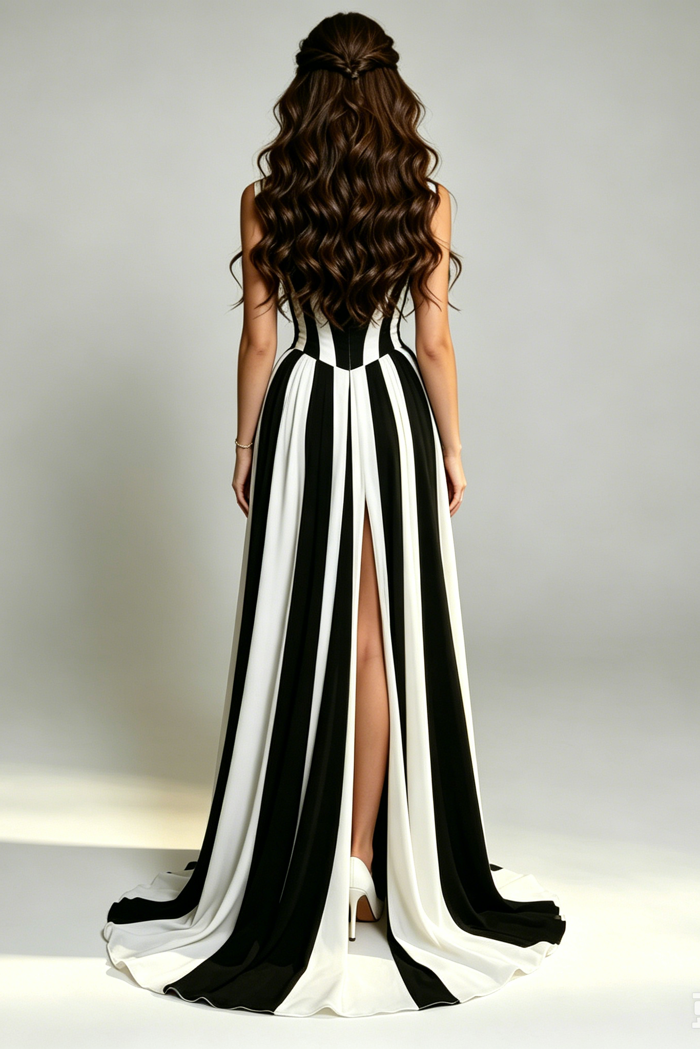 18_c86855b0-af2f-465d-a3b4-a65411d13551 BLACK & WHITE STRIPE FLORAL APPLIQUÉ SLEEVELESS MAXI GOWN