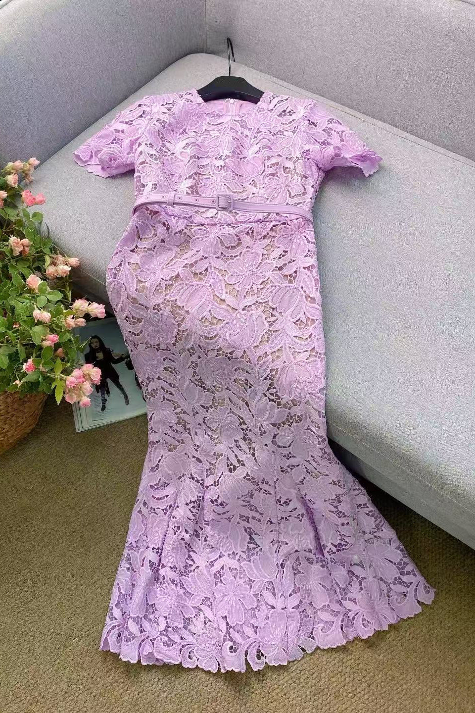 LILAC LACE MIDI DRESS | SHORT SLEEVE FLORAL WEDDING GUEST