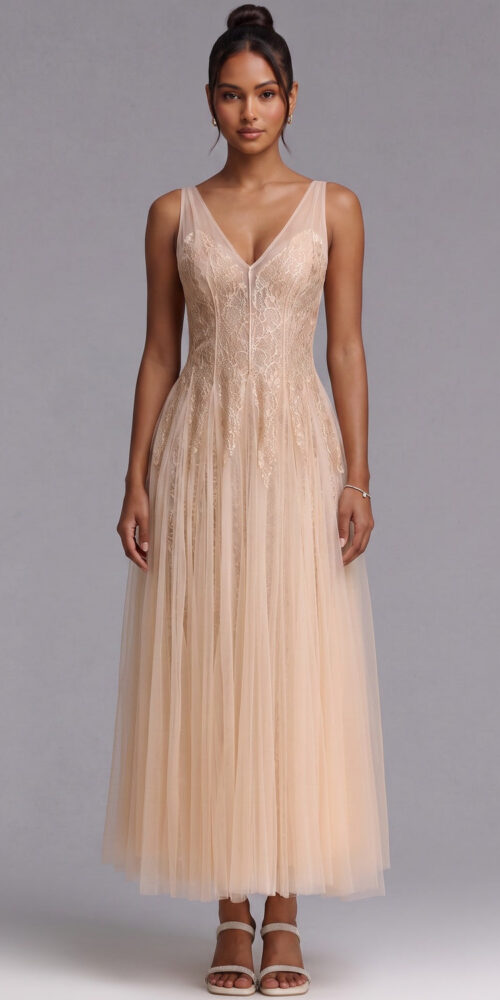 190fdd6ecef52689 CHAMPAGNE LACE V-NECK COCKTAIL DRESS