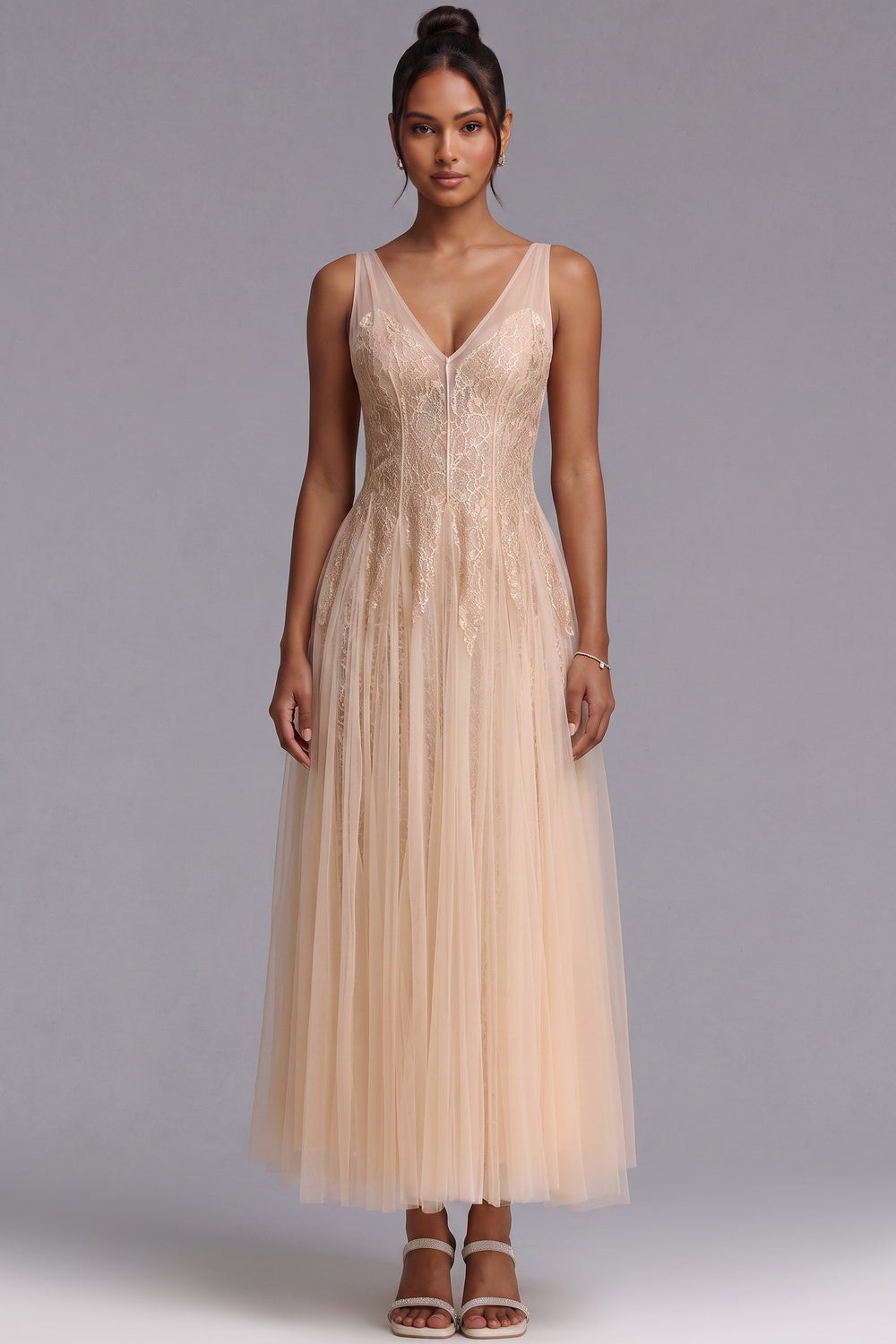 CHAMPAGNE LACE V-NECK COCKTAIL DRESS