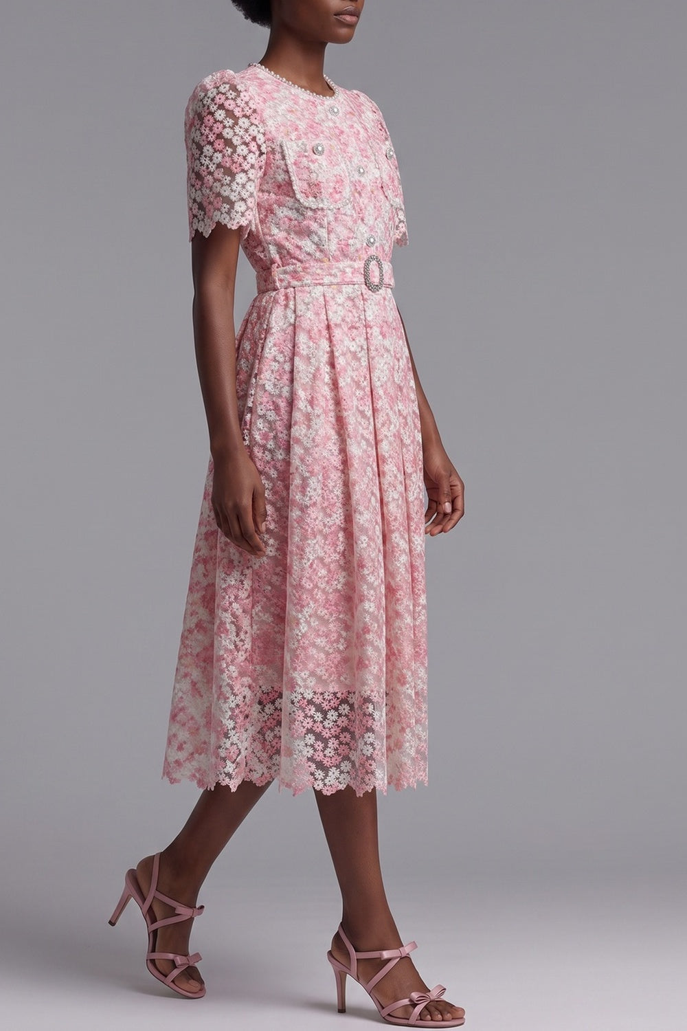 1968a27b5a5c422d PINK FLORAL LACE MIDI DRESS W/ BELT