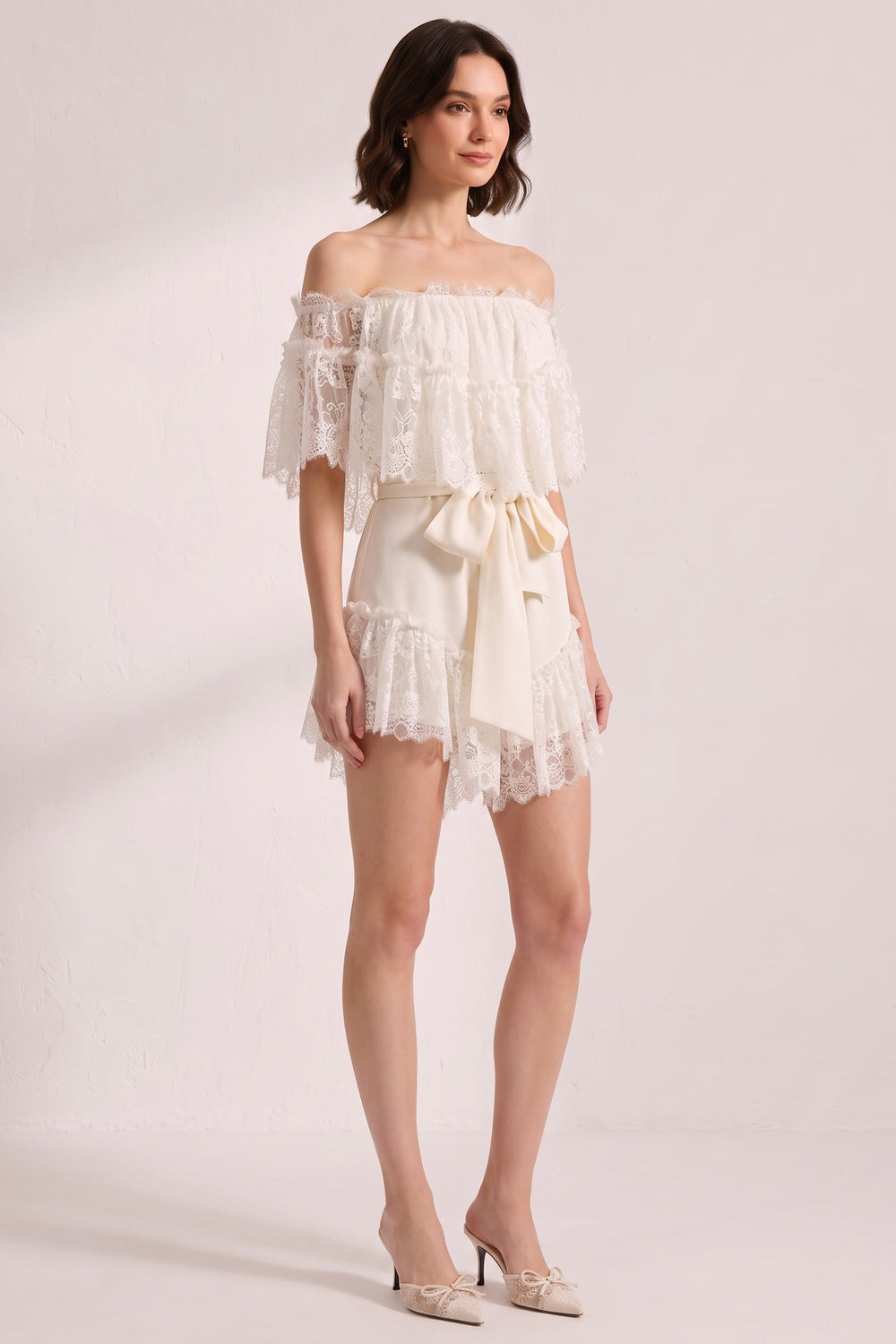 OFF-SHOULDER LACE SATIN BOW 2PC SHORT SET