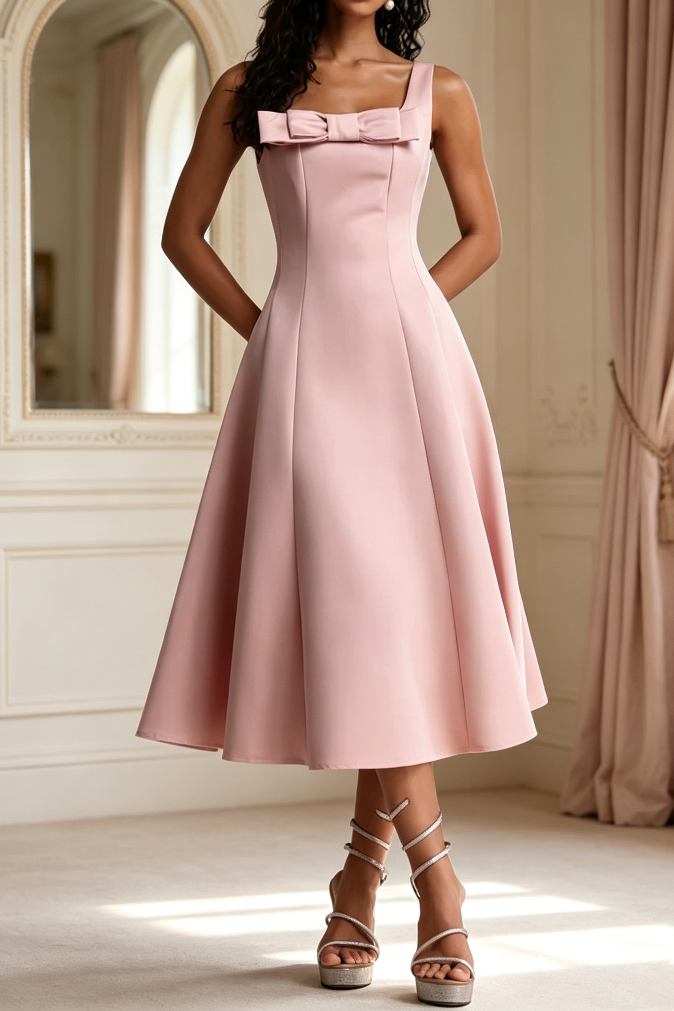 19_903ddfa6-f404-413d-828d-2c8f7bd87951 SQUARE NECK BOW SATIN MIDI SWING DRESS