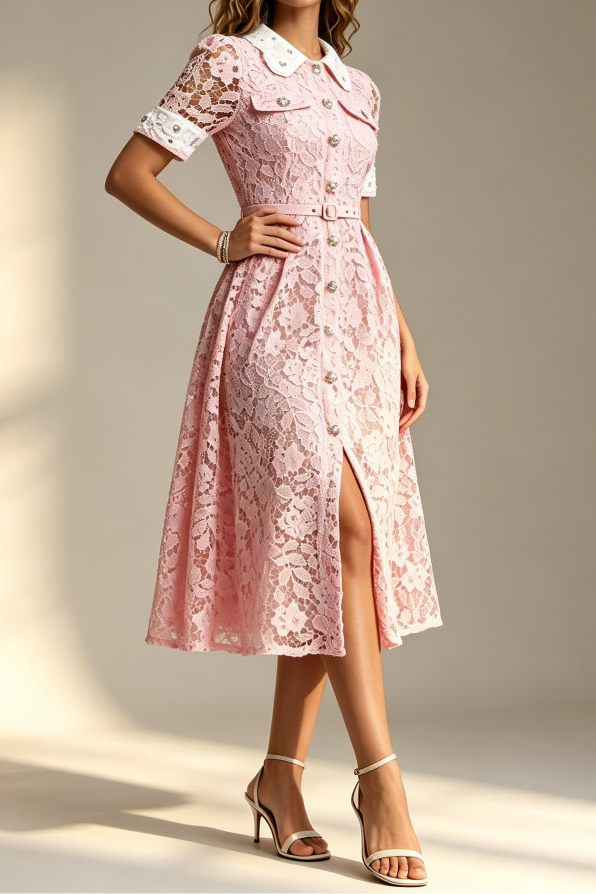 PINK PETER PAN COLLAR LACE BELTED MIDI SHIRT DRESS